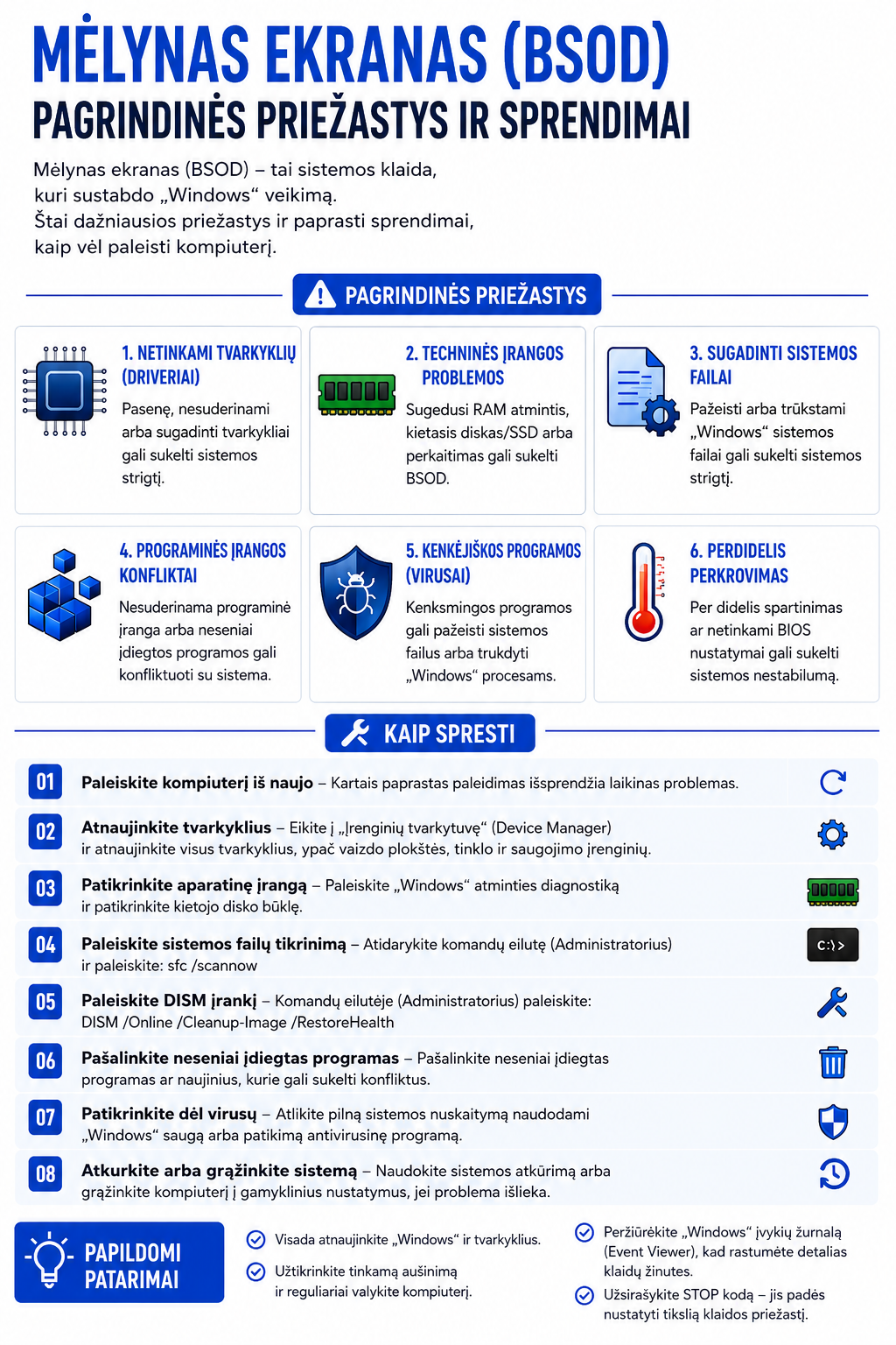 Mėlynas ekranas BSOD — pagrindinės priežastys ir sprendimai, infografikas